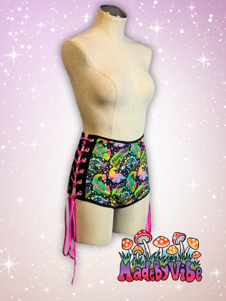 Zombie Dinos Lace Up High Waisted Booty Shorts - Ready to Ship