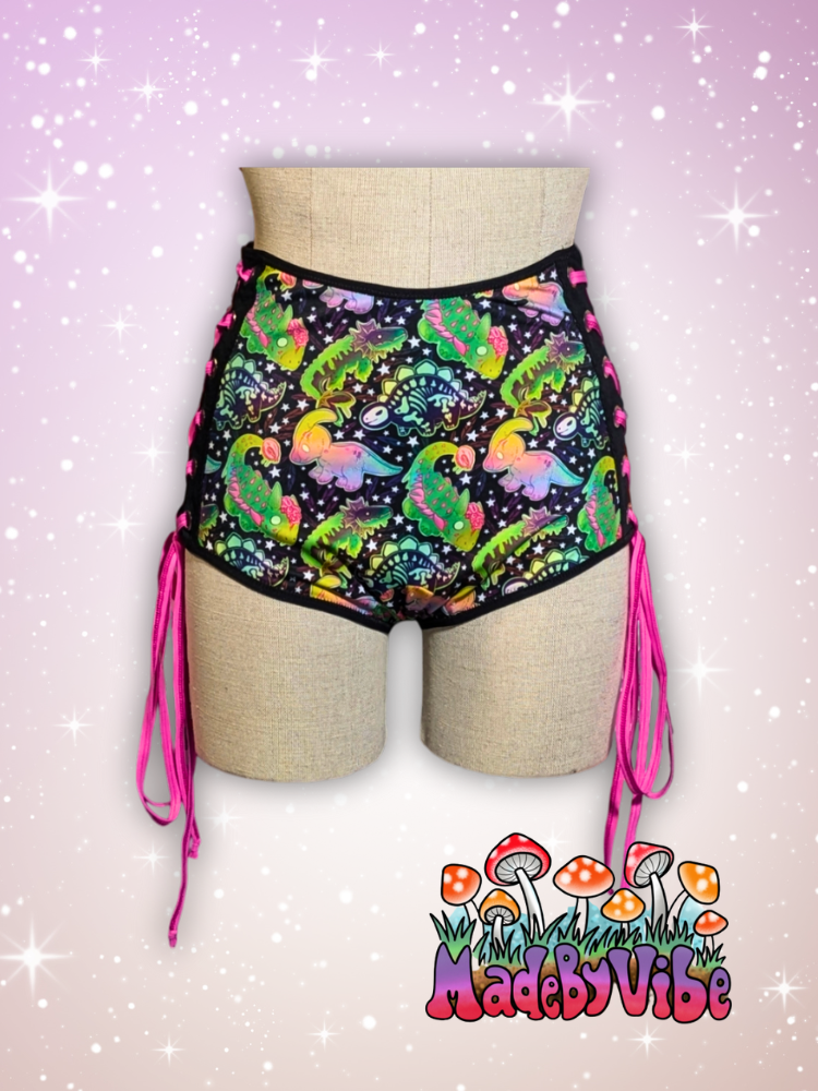 Zombie Dinos Lace Up High Waisted Booty Shorts - Ready to Ship