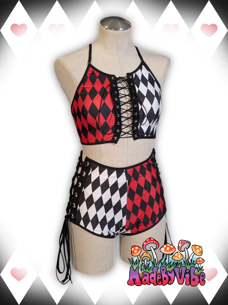 Harlequin Lace Up High Waisted Booty Shorts - Ready to Ship