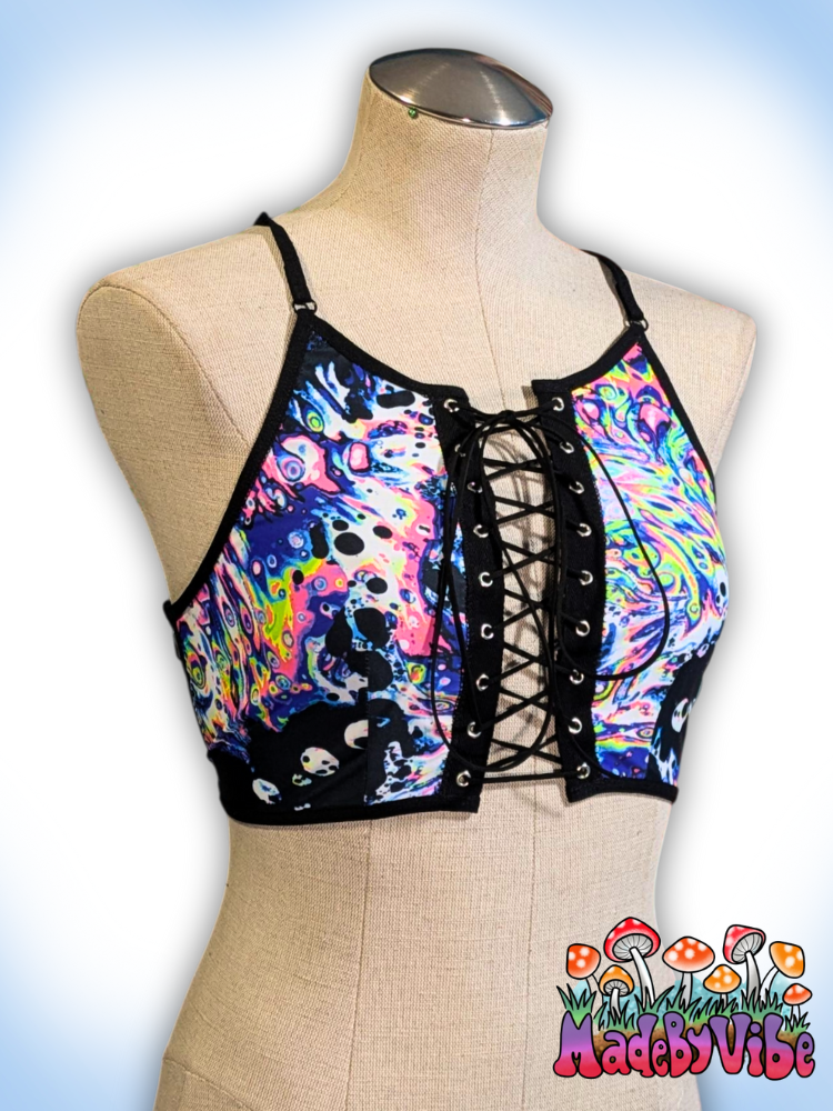 Oil Slick UV Reactive Lace Up Backless Crop Top - Ready to Ship