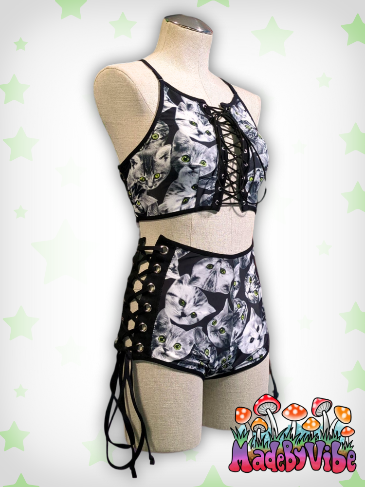 Cat Print Lace Up High Waisted Booty Shorts - Ready to Ship