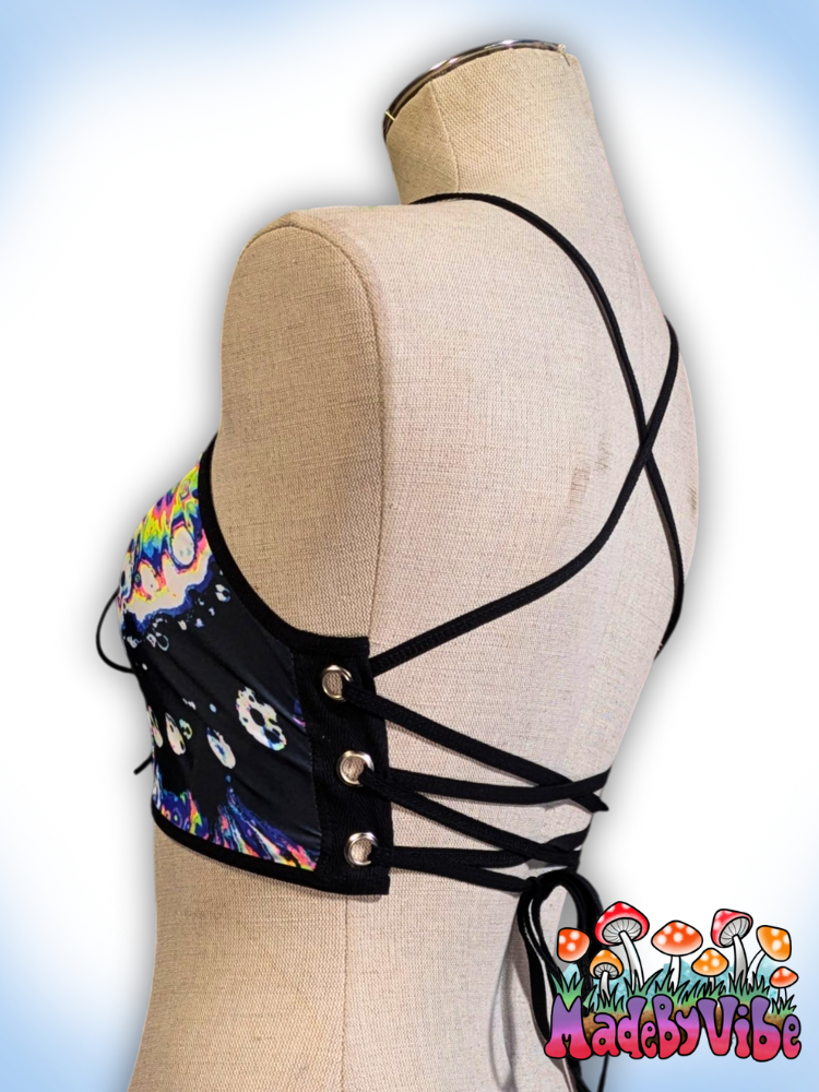 Oil Slick UV Reactive Lace Up Backless Crop Top - Ready to Ship