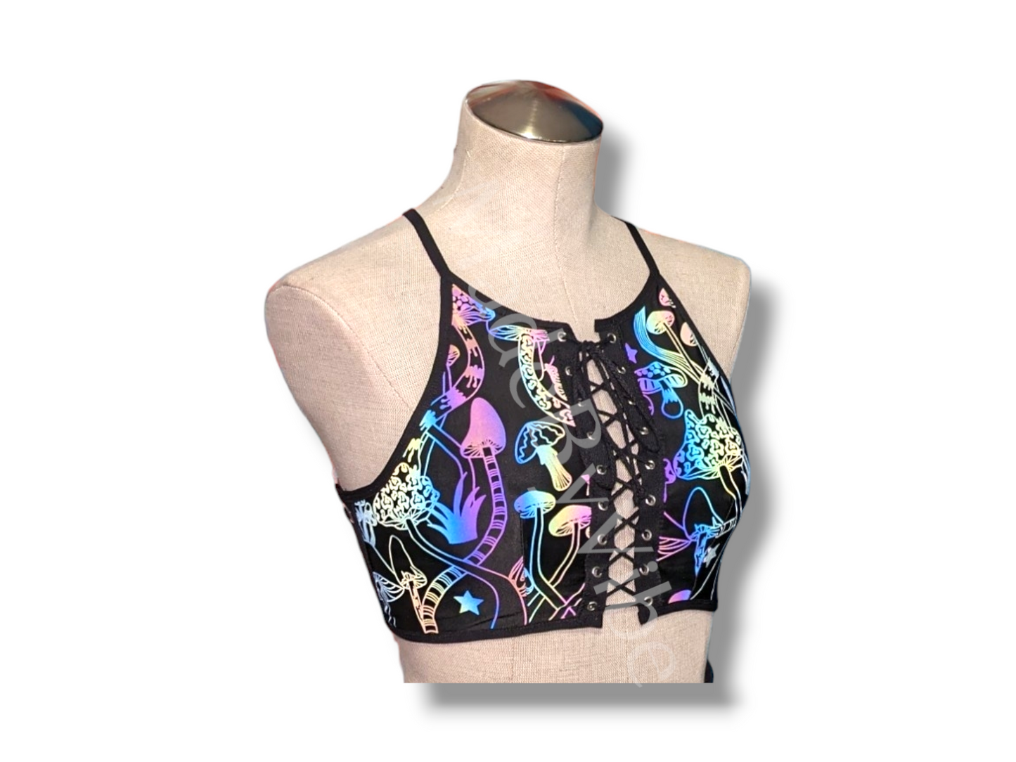 Reflective Mushroom Lace Up Backless Crop Top With Black Trim