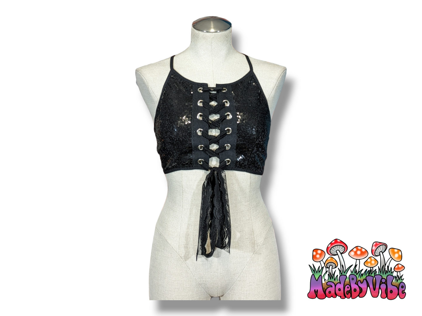 Solid Color Sequin Lace Up Backless Crop Top - MTO
