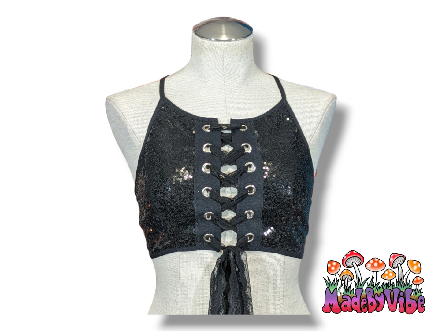 Solid Color Sequin Lace Up Backless Crop Top - MTO