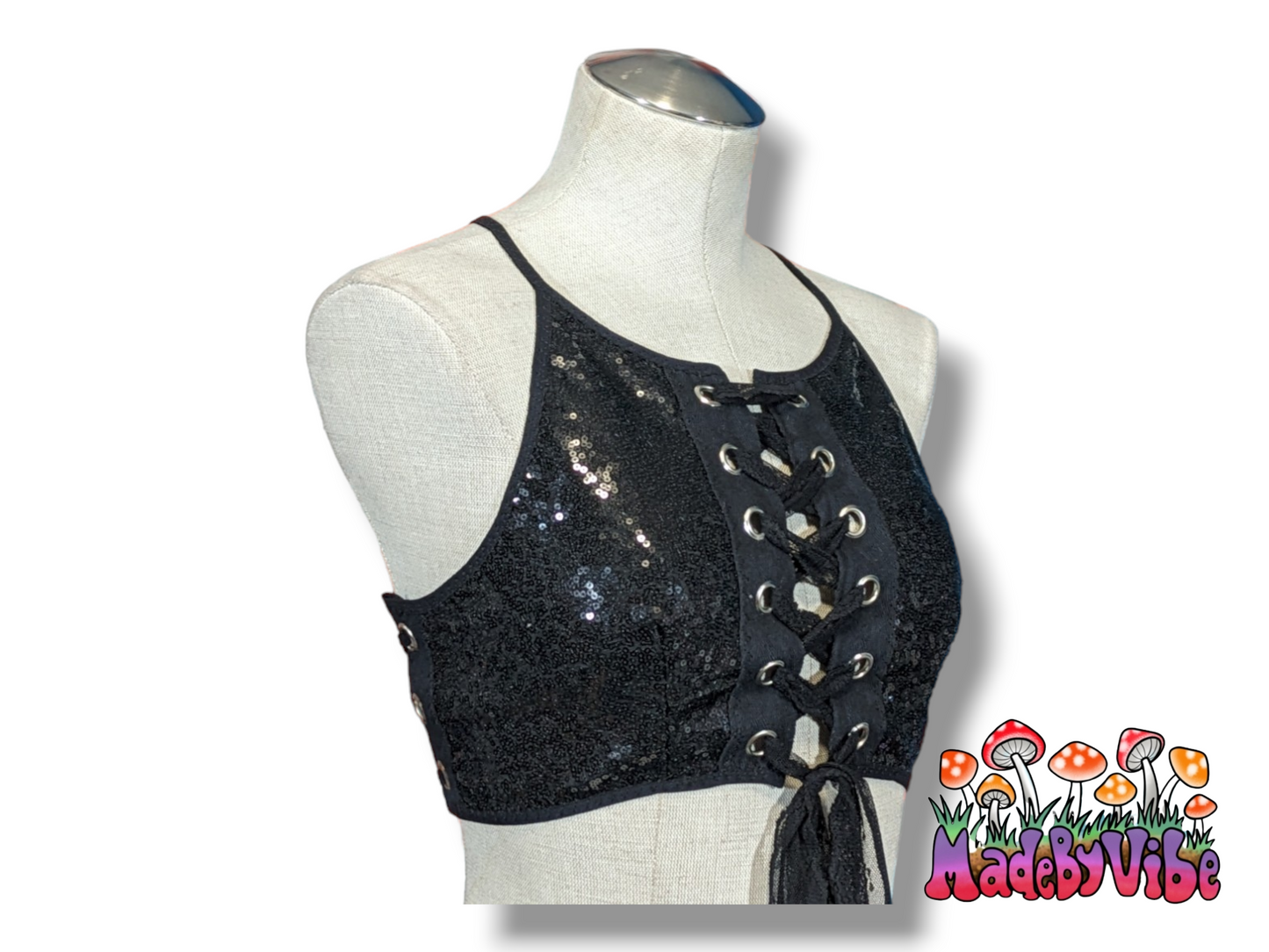 Solid Color Sequin Lace Up Backless Crop Top - MTO