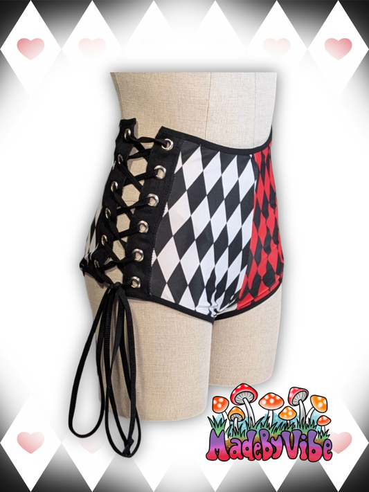 Harlequin Lace Up High Waisted Booty Shorts - Ready to Ship