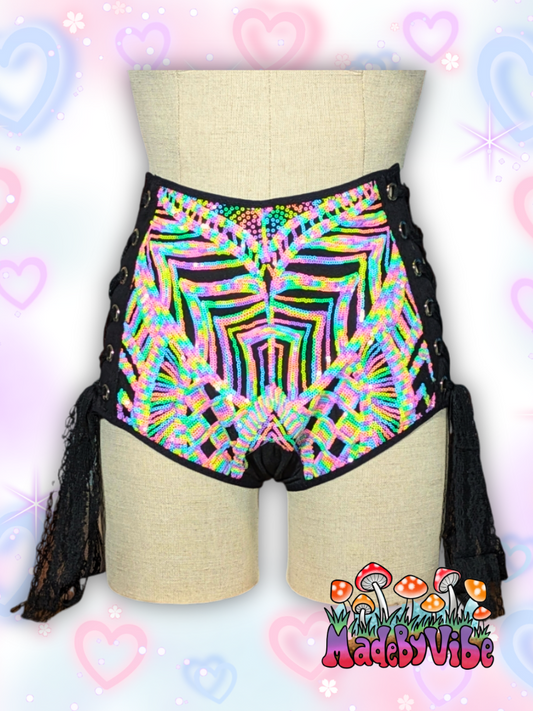Nostalgic Neon High Waisted Side Lace Booty Shorts - Ready to Ship