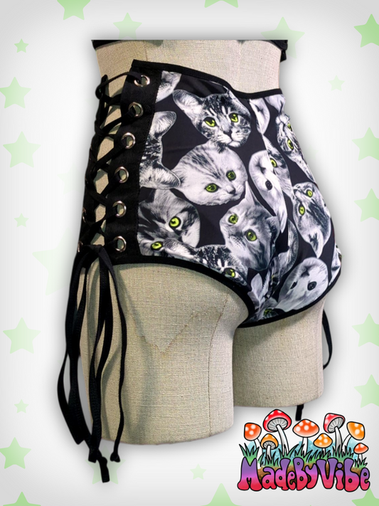 Cat Print Lace Up High Waisted Booty Shorts - Ready to Ship