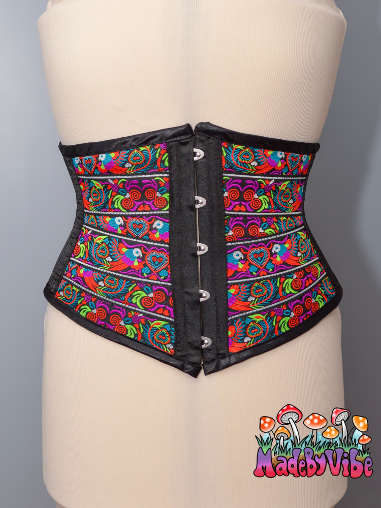Lovebirds Folk Art Ribbon Corset - One of a Kind Underbust Corset 26" Finished Waist