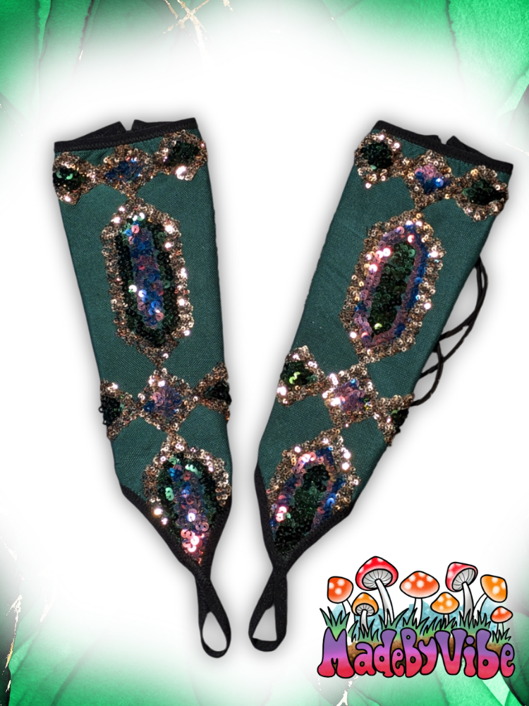 Emerald Nightfall Lace Up Arm Sleeves with Finger Loop - Ready to Ship