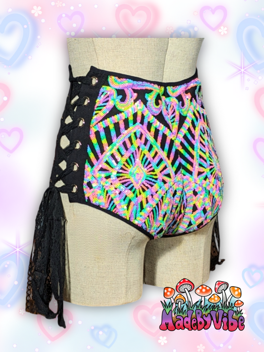 Nostalgic Neon High Waisted Side Lace Booty Shorts - Made to Order