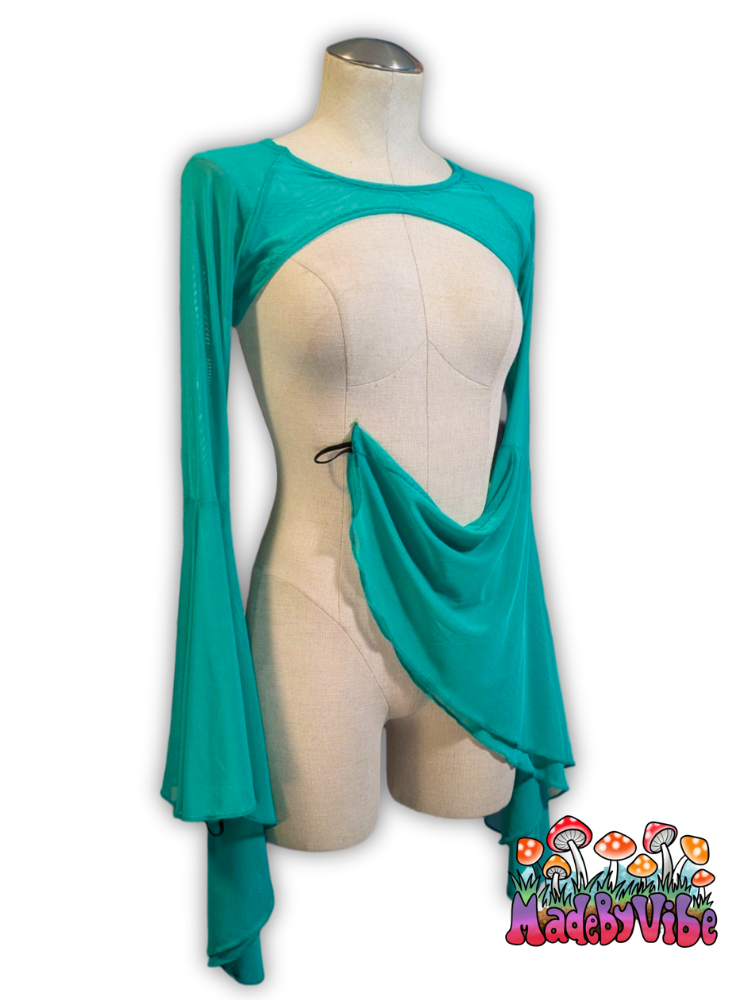 Jade Green Mesh Dramatic Flare Sleeve Shrug - Ready to Ship