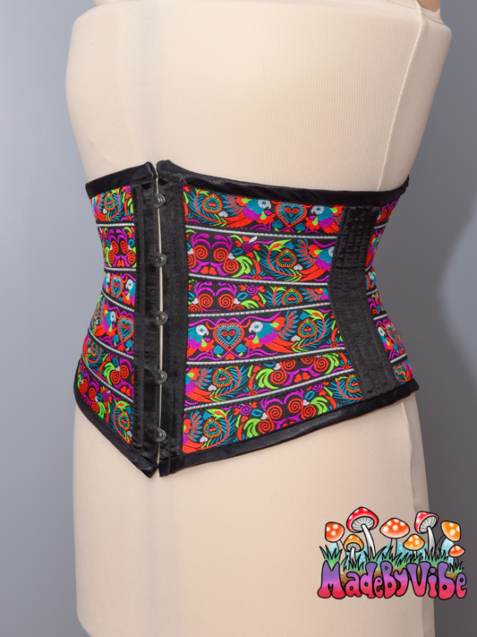 Lovebirds Folk Art Ribbon Corset - One of a Kind Underbust Corset 26" Finished Waist