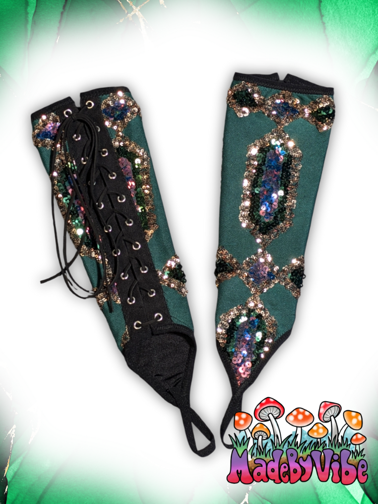 Emerald Nightfall Lace Up Arm Sleeves with Finger Loop - Ready to Ship