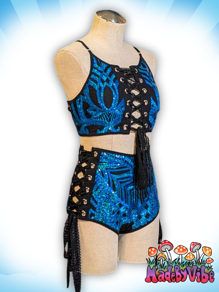 Azure Sequin High Waisted Side Lace Booty Shorts - Ready to Ship