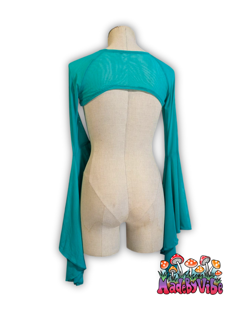 Jade Green Mesh Dramatic Flare Sleeve Shrug - Ready to Ship