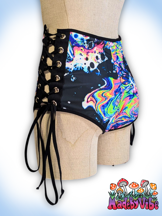 Oil Slick Lace Up High Waisted Booty Shorts - Ready to Ship