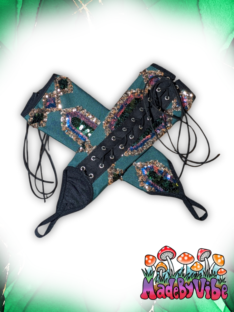 Emerald Nightfall Lace Up Arm Sleeves with Finger Loop - Ready to Ship