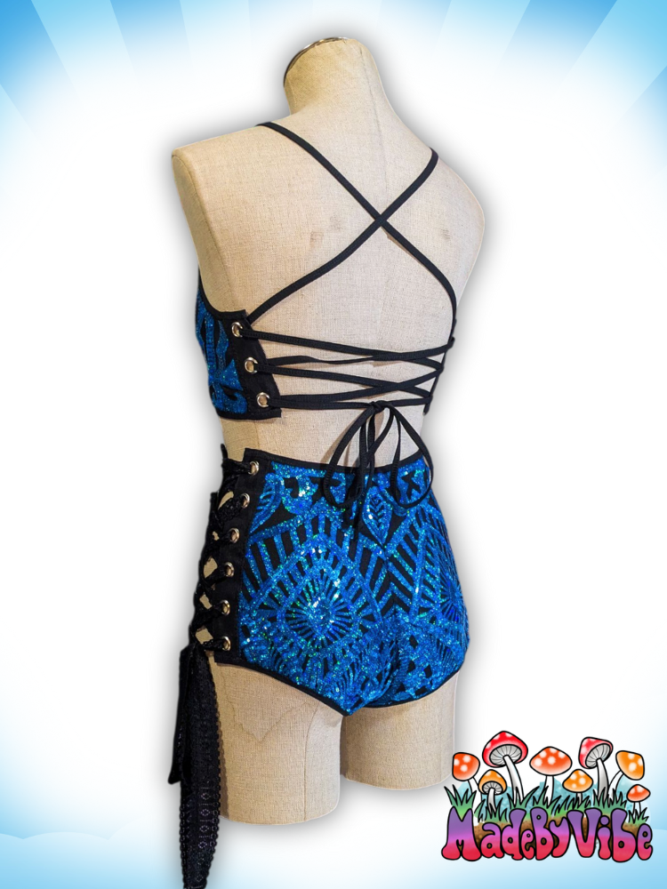 Azure Sequin High Waisted Side Lace Booty Shorts - Ready to Ship