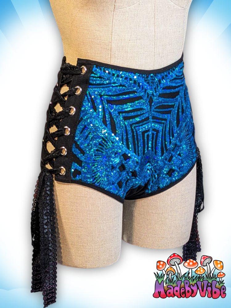 Azure Sequin High Waisted Side Lace Booty Shorts - Ready to Ship