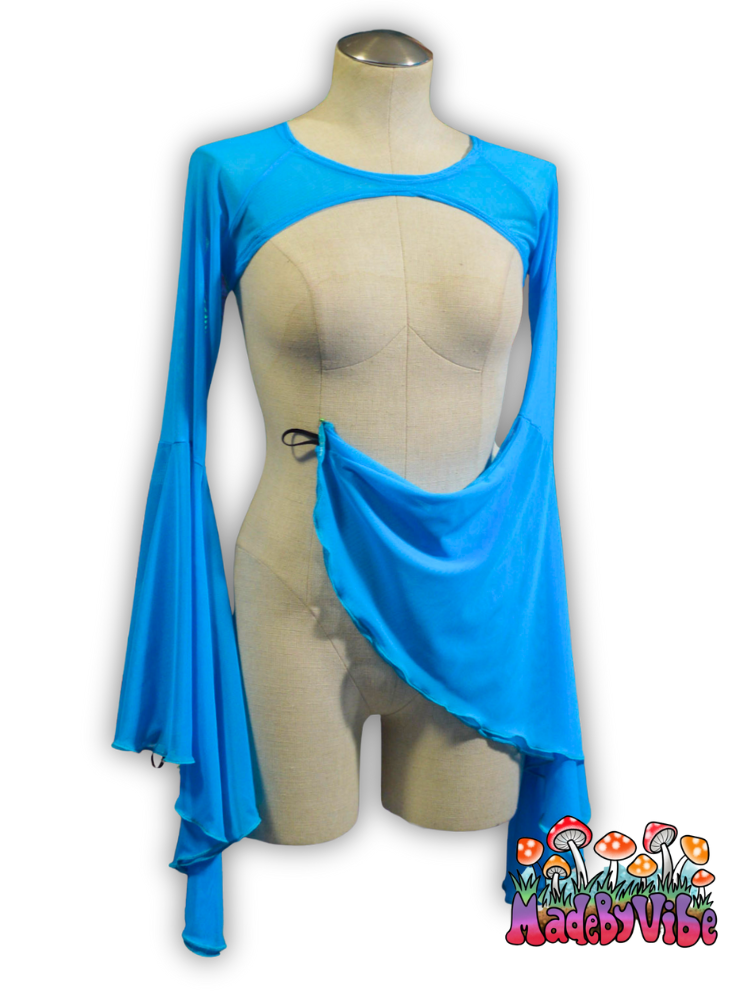 Aqua Blue Mesh Dramatic Flare Sleeve Shrug - Ready to Ship