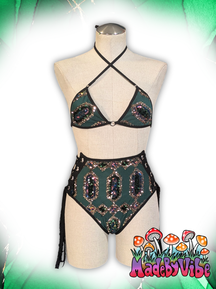 Emerald Nightfall Lace Up Rave Bottoms - Ready to Ship