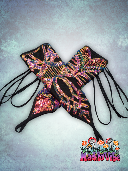 Midnight Aurora Lace Up Arm Sleeves with Finger Loop - Ready to Ship