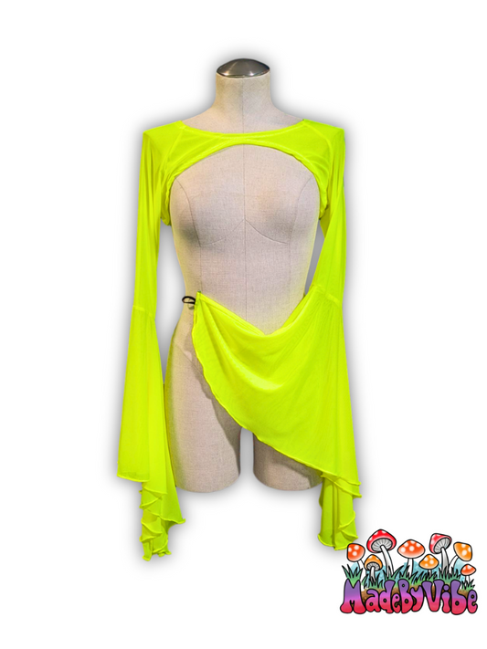 Neon Yellow Mesh Dramatic Flare Sleeve Shrug - Ready to Ship