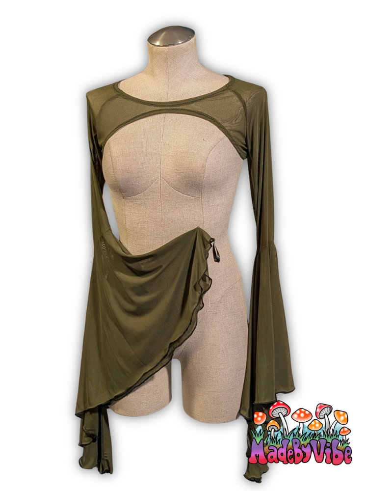 Olive Green Mesh Dramatic Flare Sleeve Shrug - Ready to Ship