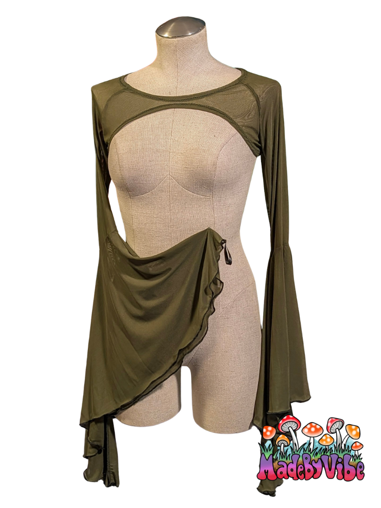 Olive Green Mesh Dramatic Flare Sleeve Shrug - Ready to Ship