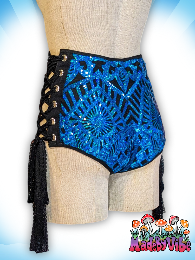 Azure Sequin High Waisted Side Lace Booty Shorts - Ready to Ship