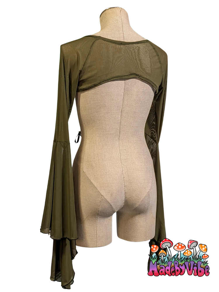 Olive Green Mesh Dramatic Flare Sleeve Shrug - Ready to Ship