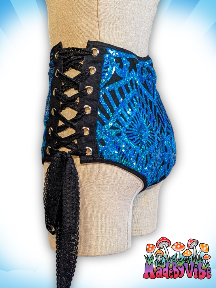 Azure Sequin High Waisted Side Lace Booty Shorts - Ready to Ship