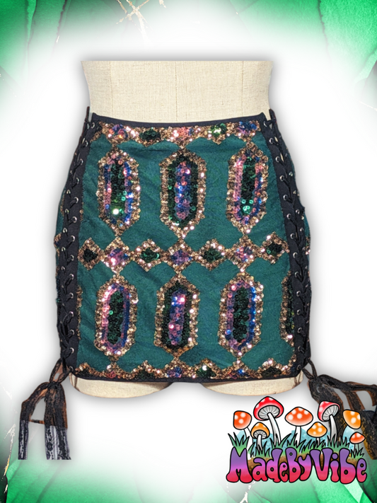 Emerald Nightfall Lace Up Sides Mini Pencil Skirt - Ready to Ship