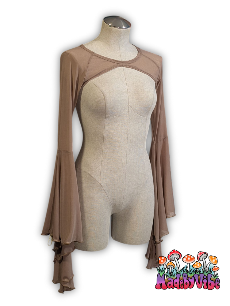 Brown Mesh Dramatic Flare Sleeve Shrug - Ready to Ship