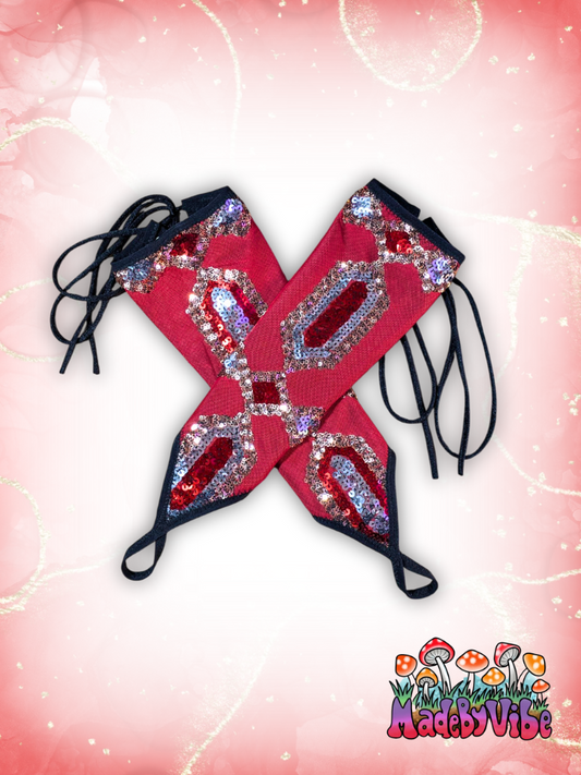 Royal Ruby Lace Up Arm Sleeves with Finger Loop - Ready to Ship