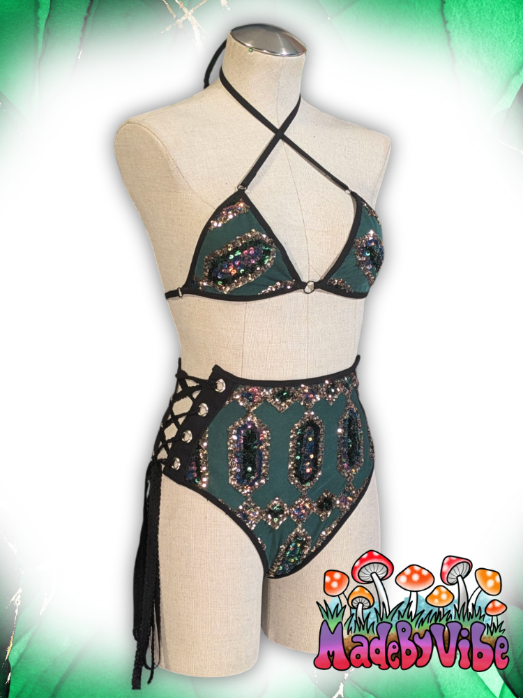 Emerald Nightfall Lace Up Rave Bottoms - Ready to Ship