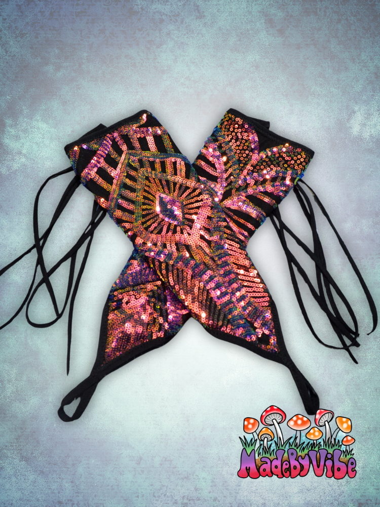 Midnight Aurora Lace Up Arm Sleeves with Finger Loop - Made to Order