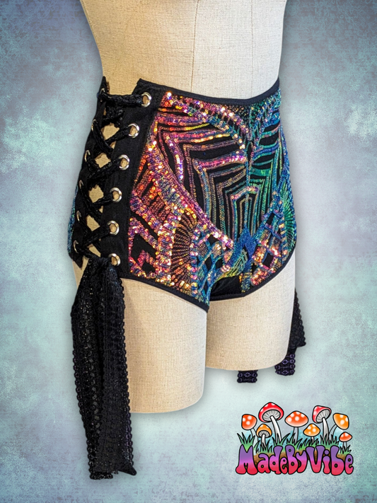 Midnight Aurora High Waisted Side Lace Booty Shorts - Ready to Ship
