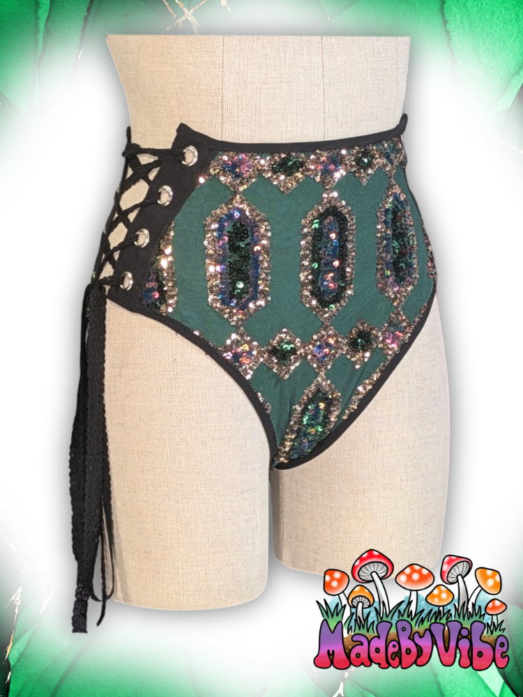 Emerald Nightfall Lace Up Rave Bottoms - Ready to Ship