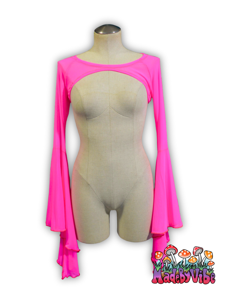 Hot Pink Mesh Dramatic Flare Sleeve Shrug - Ready to Ship