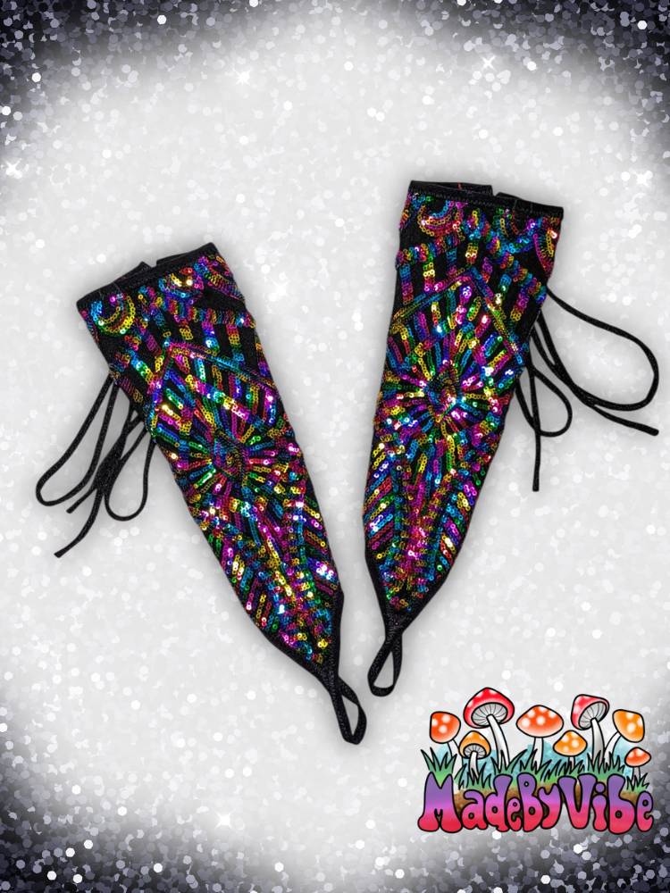 Rainbow Sequin Lace Up Arm Sleeves with Finger Loop - Ready to Ship