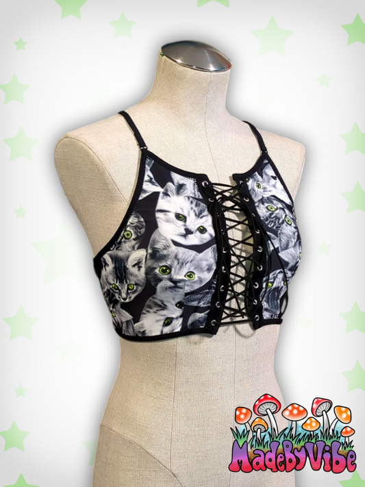 Cat Print Lace Up Front Backless Crop Top - Ready to Ship