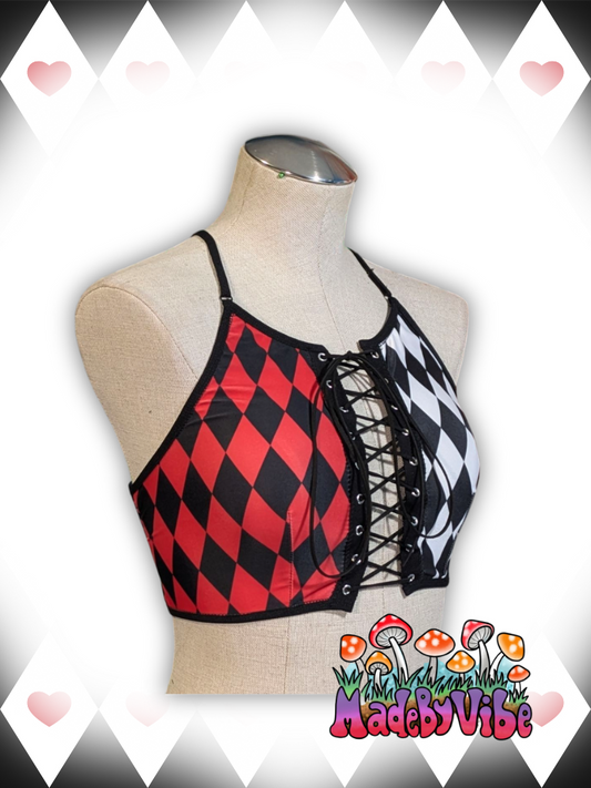 Harlequin Lace Up Front Backless Crop Top - Ready to Ship