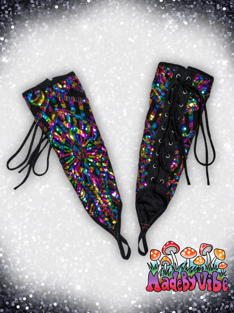 Rainbow Sequin Lace Up Arm Sleeves with Finger Loop - Ready to Ship