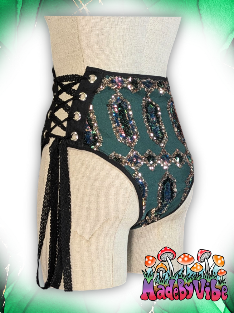 Emerald Nightfall Lace Up Rave Bottoms - Ready to Ship
