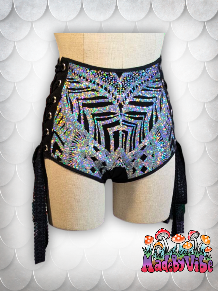 Armored Enchantress High Waisted Side Lace Booty Shorts - Ready to Ship